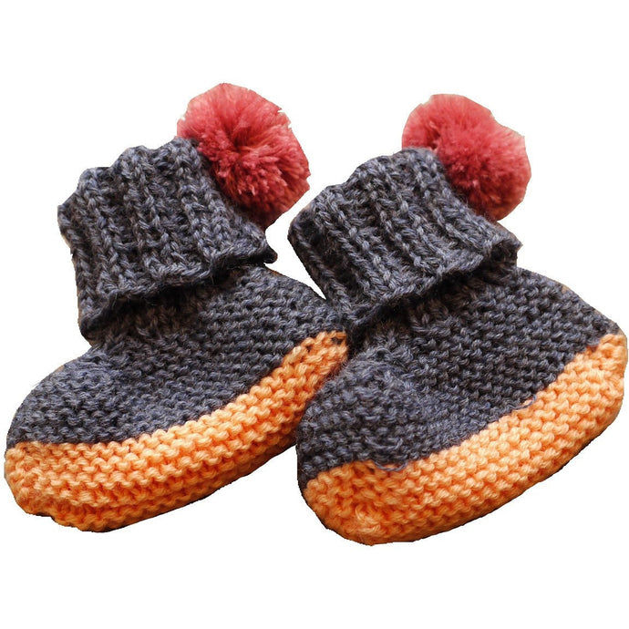 Hand Knit Pom Pom Booties (Exclusive Dark Blue & Peach), Petite Albion - BubbleChops LLC