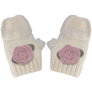 Hand crocheted Mittens with Pink Flowers, Aravore - BubbleChops LLC