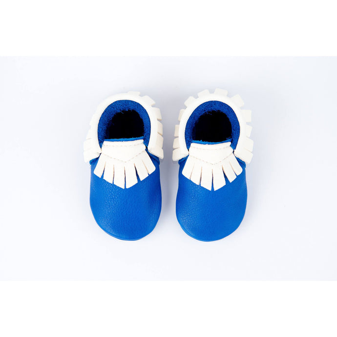 BubbleChops Exclusive Electric Blue/White Traditional Handmade Moccasins, Amy & Ivor - BubbleChops LLC