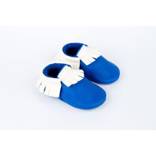 BubbleChops Exclusive Electric Blue/White Traditional Handmade Moccasins, Amy & Ivor - BubbleChops LLC