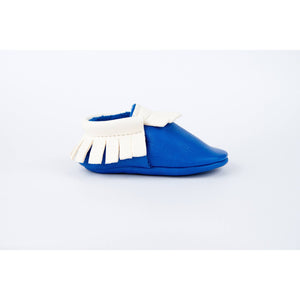 BubbleChops Exclusive Electric Blue/White Traditional Handmade Moccasins, Amy & Ivor - BubbleChops LLC