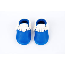 BubbleChops Exclusive Electric Blue/White Traditional Handmade Moccasins, Amy & Ivor - BubbleChops LLC
