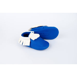 BubbleChops Exclusive Electric Blue/White Traditional Handmade Moccasins, Amy & Ivor - BubbleChops LLC